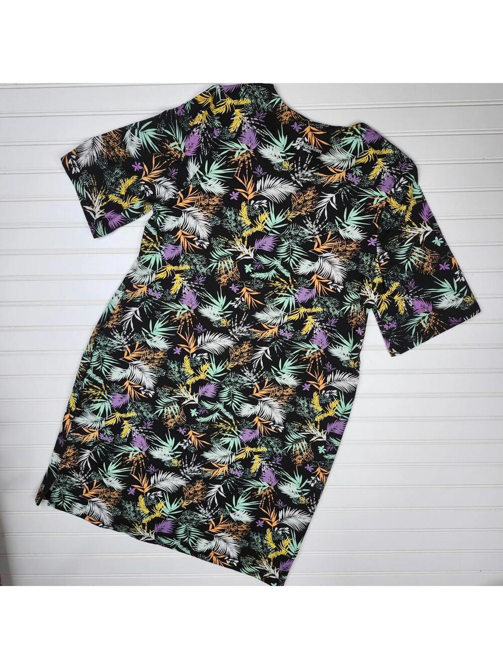 Hang Ten UPF 50+ Tropical T Shirt Dress Size L Black Palm Floral 38” Beach
